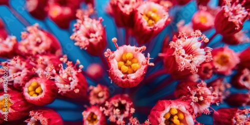 Wallpaper Mural Pink Astrantia Major flowers in macro detail showing pistils and pollen for botanical , scientific research and biology textbook content on blue background Torontodigital.ca