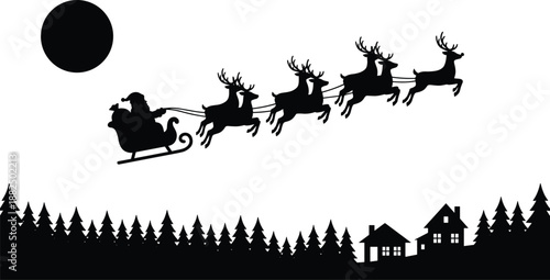 Santa Claus sleigh silhouette illustration flying reindeer over winter village landscape, Christmas night scene festive holiday icon isolated on background
