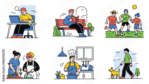 Set of Everyday Activities Flat Line Art Illustrations on White