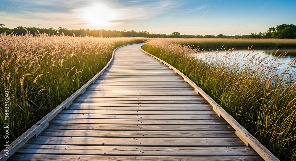 Obraz premium Wooden boardwalk path through tall golden grass leading towards the sunlit horizon