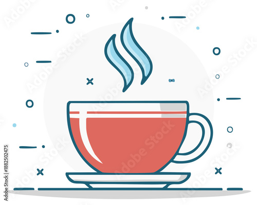 Illustration of a red teacup with steam in a flat design style, coffee mug art