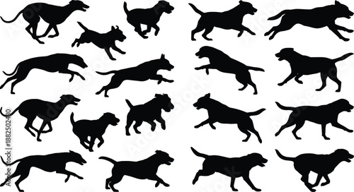 Dog silhouette collection illustration showing running jumping walking canine poses, black pet animal icons isolated on white background vector set