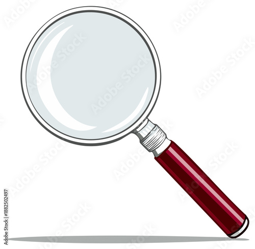 Magnifying lens illustration with red handle, optical tool for search, investigation, or science exploration, isolated