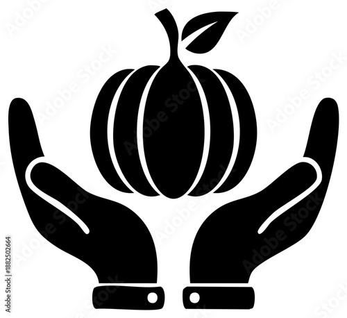 Iconic hands cupping a fresh fall pumpkin depicting harvest and care