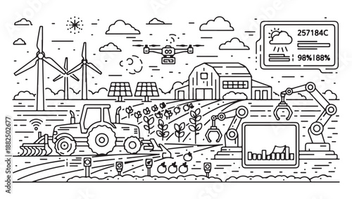 Monochrome Linear Smart Farming Landscape with Technology and Renewable Energy Illustration