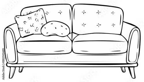 Hand drawn line art illustration of a retro loveseat with a tufted back and cushions