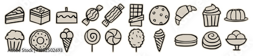 Sweet dessert and candy scrapbook sticker set, hand drawn doodle food icon collection: cake, ice cream, donut, chocolate, and cookie collage for bakery menu, cafe, pastry, sweet, sugar