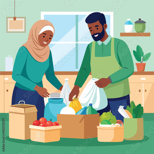 Couple unpacking groceries together in a kitchen.