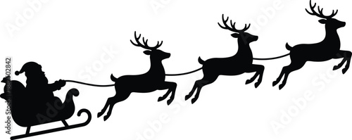 Santa Claus sleigh silhouette illustration with flying reindeer team, Christmas holiday festive icon isolated on white background vector design art