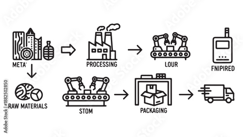 Black and White Industrial Process Flow Diagram Icons