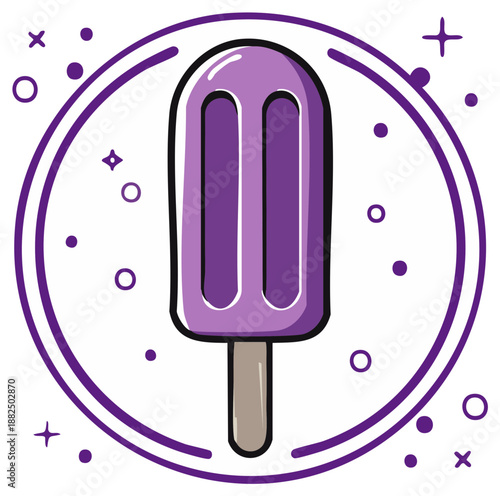 Purple popsicle on a stick framed by a circular border and playful confetti dots