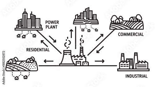 Minimalist Black and White Vector Diagram of Power Grid Distribution