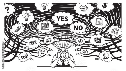 Monochrome Line Art of Stressed Person with Overlapping Thought Bubbles