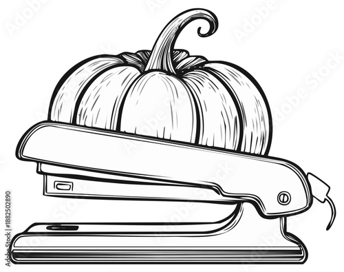 Whimsical Halloween Pumpkin Resting on Office Stapler Illustration