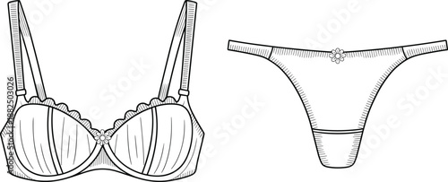 Bra and thong lingerie set fashion illustration, flat sketch vector showing womens underwear design, technical drawing for apparel catalog template