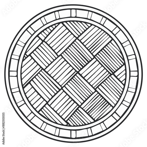 Hand Drawn Woven Pattern in Round Frame with Geometric Border Decoration