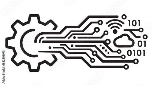 Abstract Circuit Board Gear with Binary Code and Cloud Icon