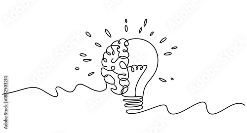 abstract line art brain and lightbulb symbolizing creativity and innovation, idea thinking process, inspiration, intelligence, minimal conceptual design.