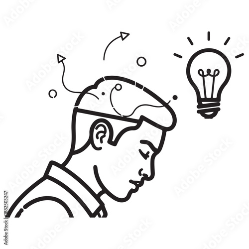 Minimalist Line Art Illustration of Man's Head, Thought Process, and Idea Lightbulb