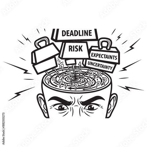Stylized Line Art Head with Mental Burden, Deadline, and Uncertainty