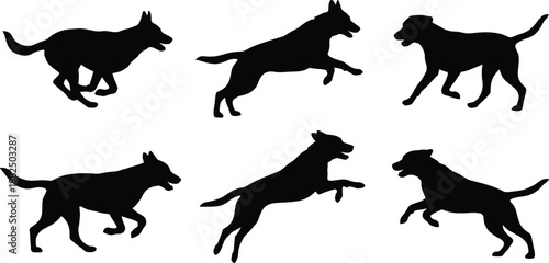 Running dog silhouette set illustration, canine jumping and walking poses, dynamic pet animal icons isolated on white background vector design