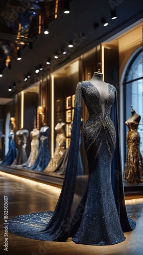 Haute couture navy blue mermaid gown with cape sleeves and sequin embellishment, hyper-realistic studio photography on boutique display