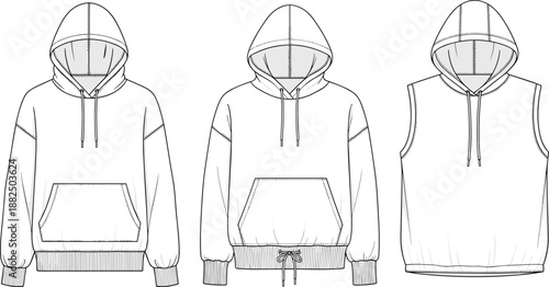 Hoodie fashion illustration flat sketch vector set showing pullover, drawstring hem, sleeveless vest styles, technical drawing apparel design catalog template