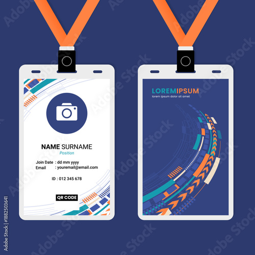 Futuristic blue corporate badge template featuring geometric tech lines and data flow design