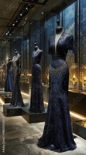 Haute couture navy blue mermaid gown with cape sleeves and sequin embellishment, hyper-realistic studio photography on boutique display