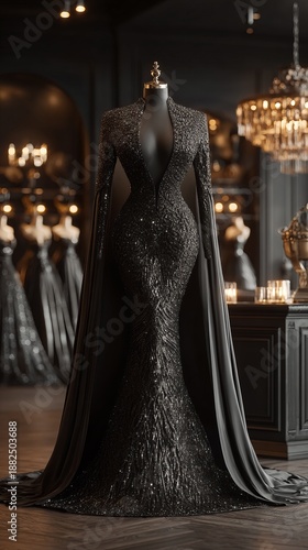 Haute couture navy blue mermaid gown with cape sleeves and sequin embellishment, hyper-realistic studio photography on boutique display