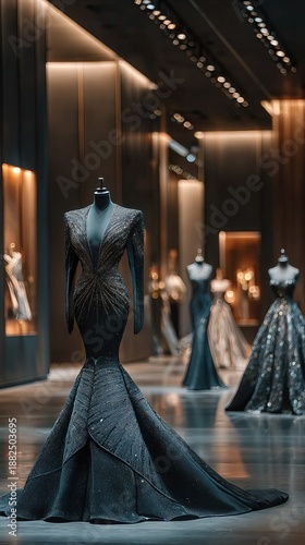Haute couture navy blue mermaid gown with cape sleeves and sequin embellishment, hyper-realistic studio photography on boutique display