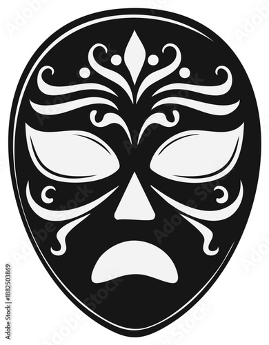 Stylized black mask illustration with symmetrical white details, emotion of sadness visible, dark expressive art
