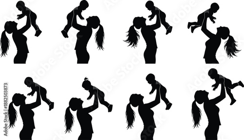 Large Collection of Mother and Baby Silhouettes Showing a Mom Lifting Her Child into the Air for Parenting Motherhood Bond Early Childhood and Family Love