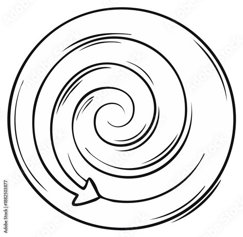 Hand drawn swirling spiral with an arrow showing counter clockwise direction and rotation line art