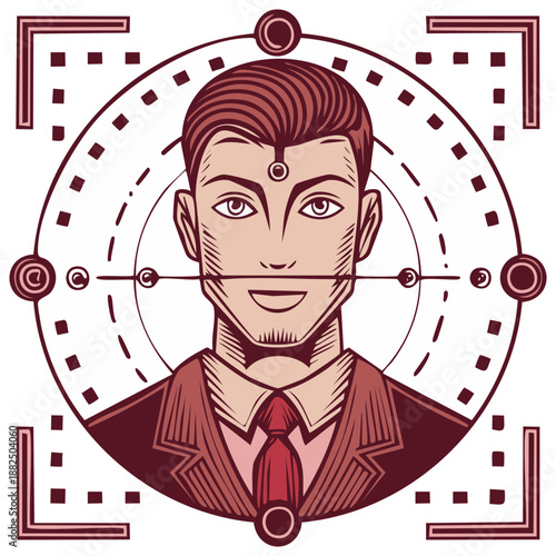 Man's Face Profile Scanning with Futuristic Geometric Target Reticle and Data Points