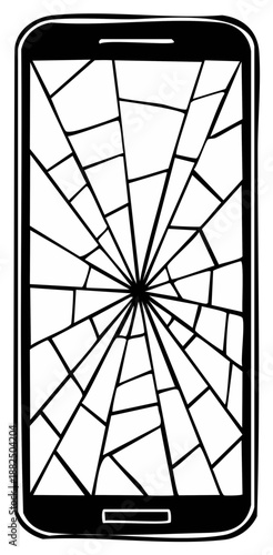 Smartphone with a shattered screen illustrated in a simple black and white line art style