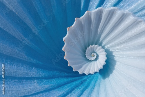 Spiral Shaped Sea Shell with Intricate Natural Ridges and Macro Ocean Texture for Coastal Branding, Marine Themes and Spa Background featuring Frost White and Blue Palette © Ryzhkov