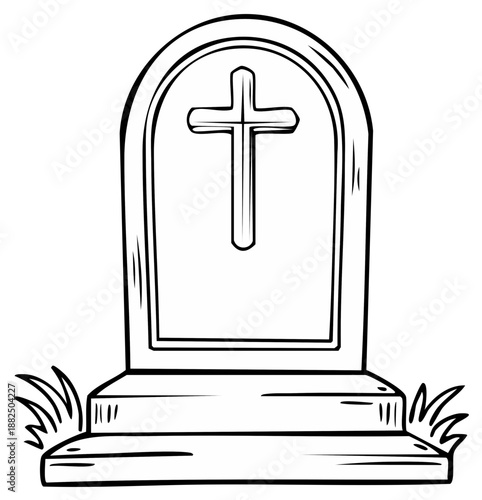 Hand drawn line art illustration of a tombstone with a cross and grass elements