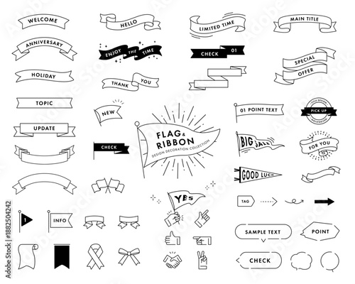Monochrome Ribbon and Banner Design Elements Set, Label, Flag, Badge, Vector