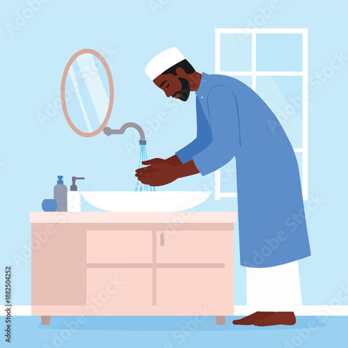 Man washing hands in a bathroom with a sink and mirror.