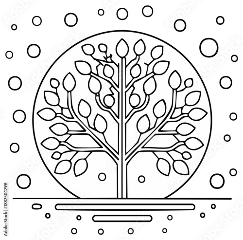 Stylized minimalist tree design in a circle with floating orbs and ground line