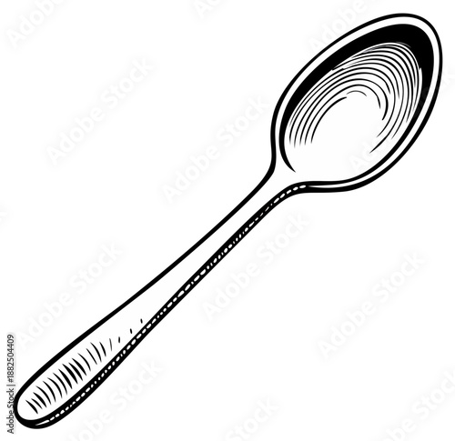 Illustration of a single spoon, black and white engraved design