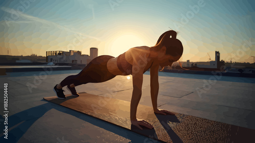 young woman doing push-ups on rooftop at sunrise