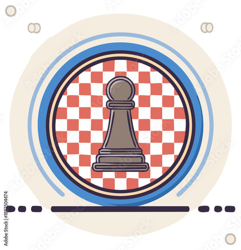Stylized chess pawn against checkered background inside circle