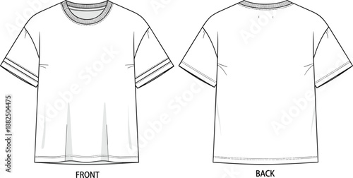 Men’s t shirt vector illustration, front and back view, technical fashion sketch, apparel design template, clothing mockup, line art drawing