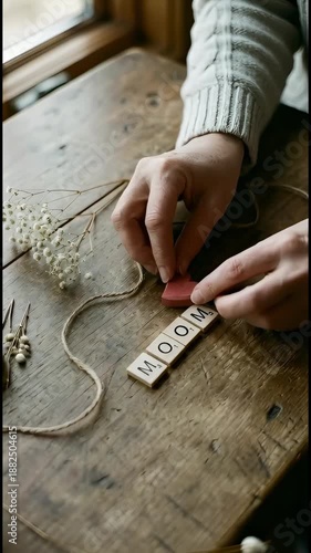 Individual arranging wooden letter tiles spelling 