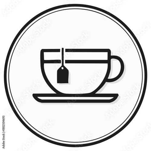 Simple clean line art icon of a teacup with saucer and tea bag within a circle