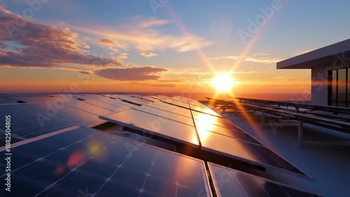 Solar Panels On Modern Rooftop Reflecting Sunset Sunlight Showcasing Renewable Energy And Clean Power