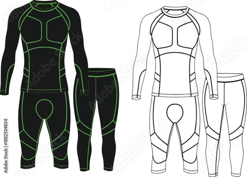 Men's, compression, sportswear, set, technical, flat, sketch, long, sleeve, top, and, leggings, vector, illustration, fitness, training, performance, apparel, design, template