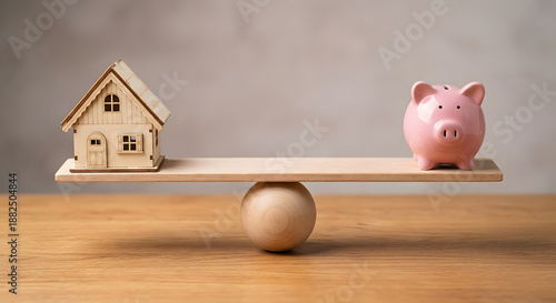 detailed wooden house model and pink piggy bank balanced on a wooden seesaw scale representing real estate savings property investment mortgage planning and home ownership budget